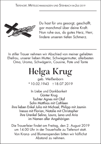 Traueranzeige von Helga Krug von Südthüringer Presse
