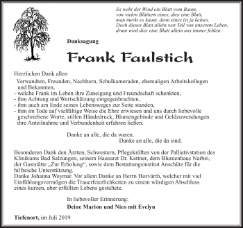 Traueranzeige von Frank Faulstich von Südthüringer Presse