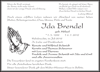 Traueranzeige von Ida Brendel von Frankenpost