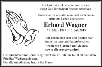 Traueranzeige von Erhard Wagner von Frankenpost