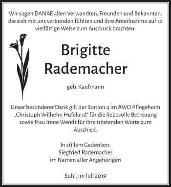 Traueranzeige von Brigitte Rademacher von Südthüringer Presse