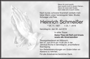 Traueranzeige von Heinrich Schmeißer von Frankenpost
