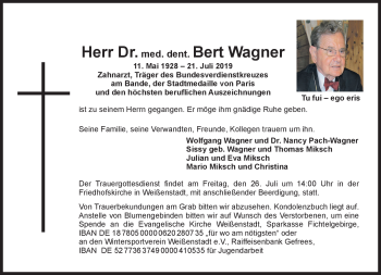 Traueranzeige von Herr Dr. med. dent, Bert Wanger von Frankenpost