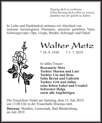Traueranzeige von Walter Metz von Südthüringer Presse