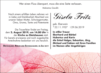Traueranzeige von Gisela Fritz von Südthüringer Presse