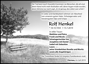 Traueranzeige von Rolf Henkel von Südthüringer Presse