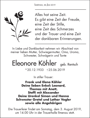 Traueranzeige von Eleonore Köhler von Südthüringer Presse