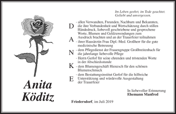Traueranzeige von Anita Köditz von Südthüringer Presse