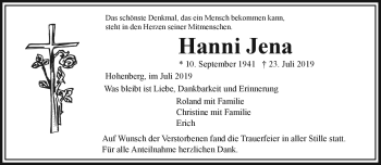 Traueranzeige von Hanni Jena von Frankenpost