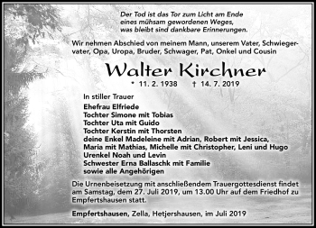 Traueranzeige von Walter Kirchner von Südthüringer Presse