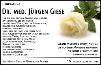 Traueranzeige von Jürgen Giese von Südthüringer Presse