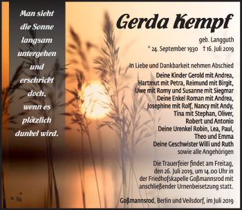 Traueranzeige von Gerda Kempf von Südthüringer Presse