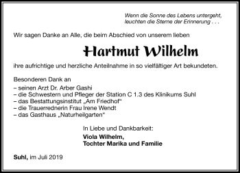 Traueranzeige von Hartmut Wilhelm von Südthüringer Presse