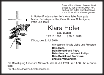 Traueranzeige von Klara Höfer von Frankenpost