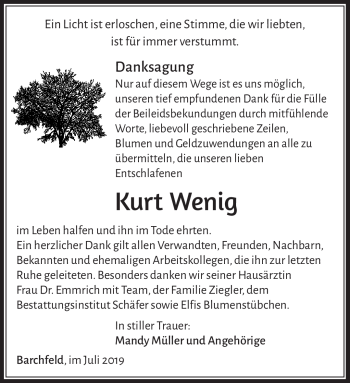 Traueranzeige von Kurt Wenig von Südthüringer Presse