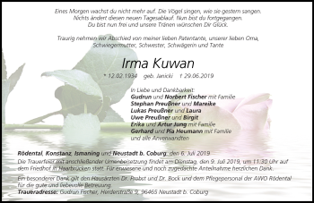 Traueranzeige von Irma Kuwan von Neue Presse Coburg