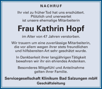 Traueranzeige von Kathrin Hopf von Südthüringer Presse