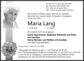 Traueranzeige von Maria Lang von Neue Presse Coburg