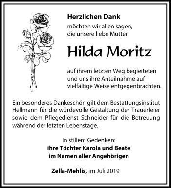Traueranzeige von Hilda Moritz von Südthüringer Presse