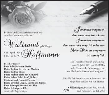 Traueranzeige von Waltraud Hoffmann von Südthüringer Presse