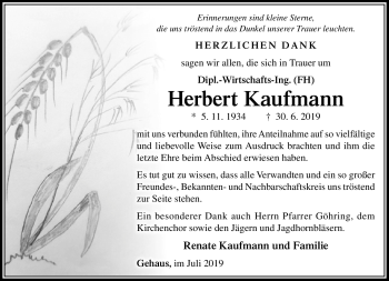 Traueranzeige von Herbert Kaufmann von Südthüringer Presse