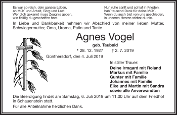 Traueranzeige von Agnes Vogel von Frankenpost