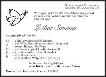 Traueranzeige von Lothar Sommer von Südthüringer Presse