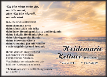 Traueranzeige von Heidemarie Kettner von Südthüringer Presse