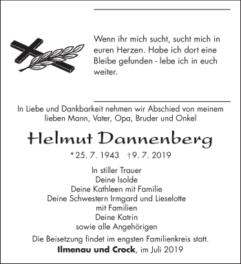 Traueranzeige von Helmut Dannenberg von Südthüringer Presse