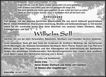 Traueranzeige von Wilhelm Sell von Südthüringer Presse