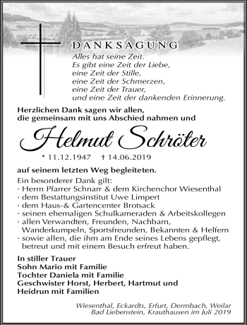 Traueranzeige von Helmut Schröter von Südthüringer Presse