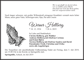 Traueranzeige von Werner Hellberg von Südthüringer Presse