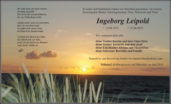 Traueranzeige von Ingeborg Leipold von Südthüringer Presse