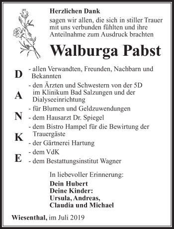 Traueranzeige von Walburga Pabst von Südthüringer Presse