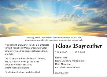 Traueranzeige von Klaus Bayreuther von Frankenpost
