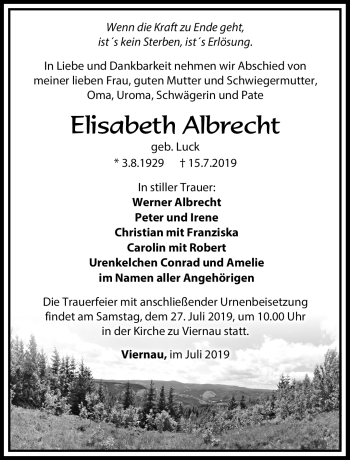 Traueranzeige von Elisabeth Albrecht von Südthüringer Presse