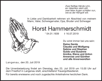 Traueranzeige von Horst Hammerschmidt von Neue Presse Coburg