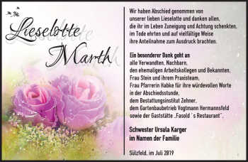 Traueranzeige von Lieselotte Marth von Südthüringer Presse