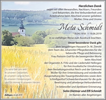 Traueranzeige von Meta Schmidt von Südthüringer Presse