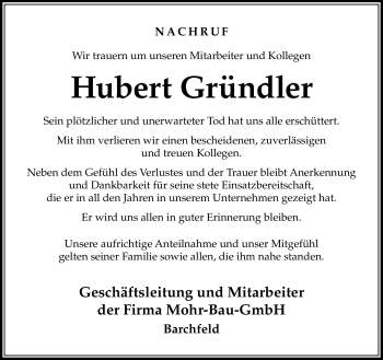 Traueranzeige von Hubert Gründler von Südthüringer Presse