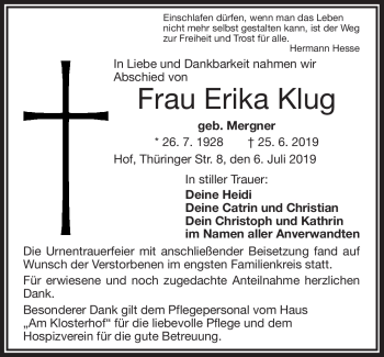 Traueranzeige von Erika Klug von Frankenpost