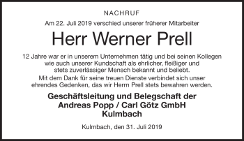 Traueranzeige von Werner Prell von Frankenpost