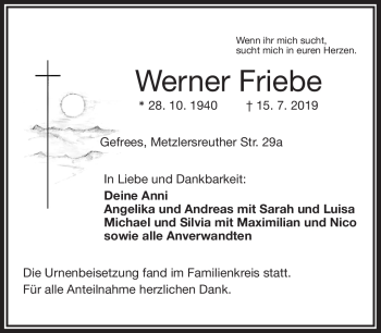 Traueranzeige von Werner Friebe von Frankenpost