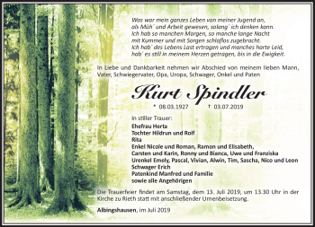 Traueranzeige von Kurt Spindler von Südthüringer Presse