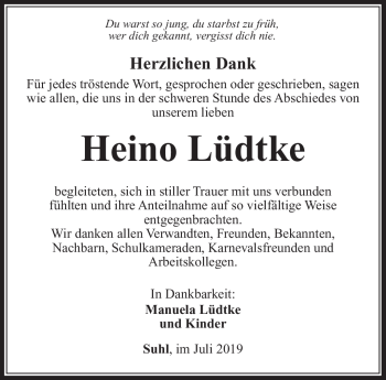 Traueranzeige von Heino Lüdtke von Südthüringer Presse