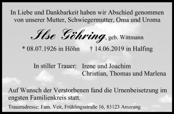 Traueranzeige von Ilse Göhring von Neue Presse Coburg