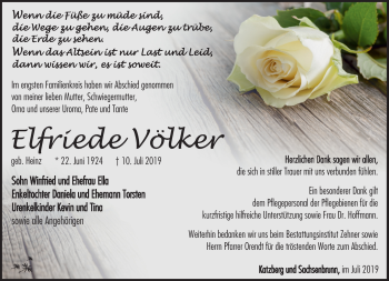 Traueranzeige von Elfriede Völker von Südthüringer Presse