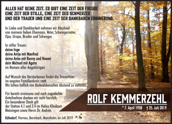 Traueranzeige von Rolf Kemmerzehl von Südthüringer Presse