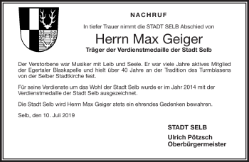 Traueranzeige von Max Geiger von Frankenpost