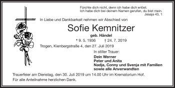 Traueranzeige von Sofie Kemnitzer von Frankenpost